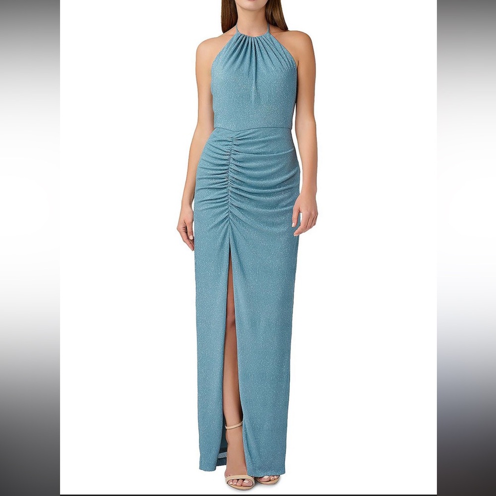 NWT Elegant Sparkle Ruched Halter Gown with Thigh High Slit in Icy Sage